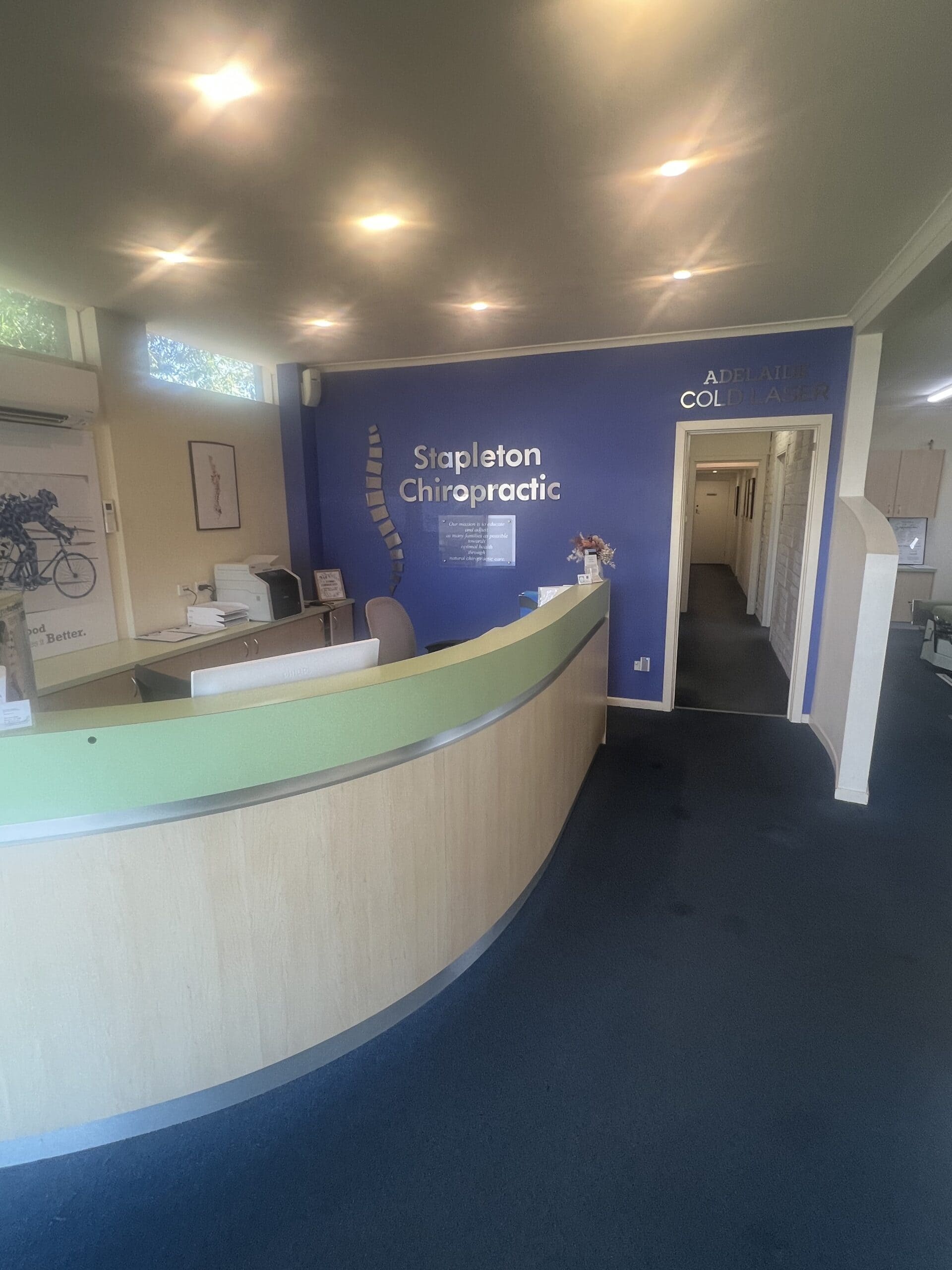 Reception desk and waiting area at Stapleton Chiropractic Plympton Park Adelaide